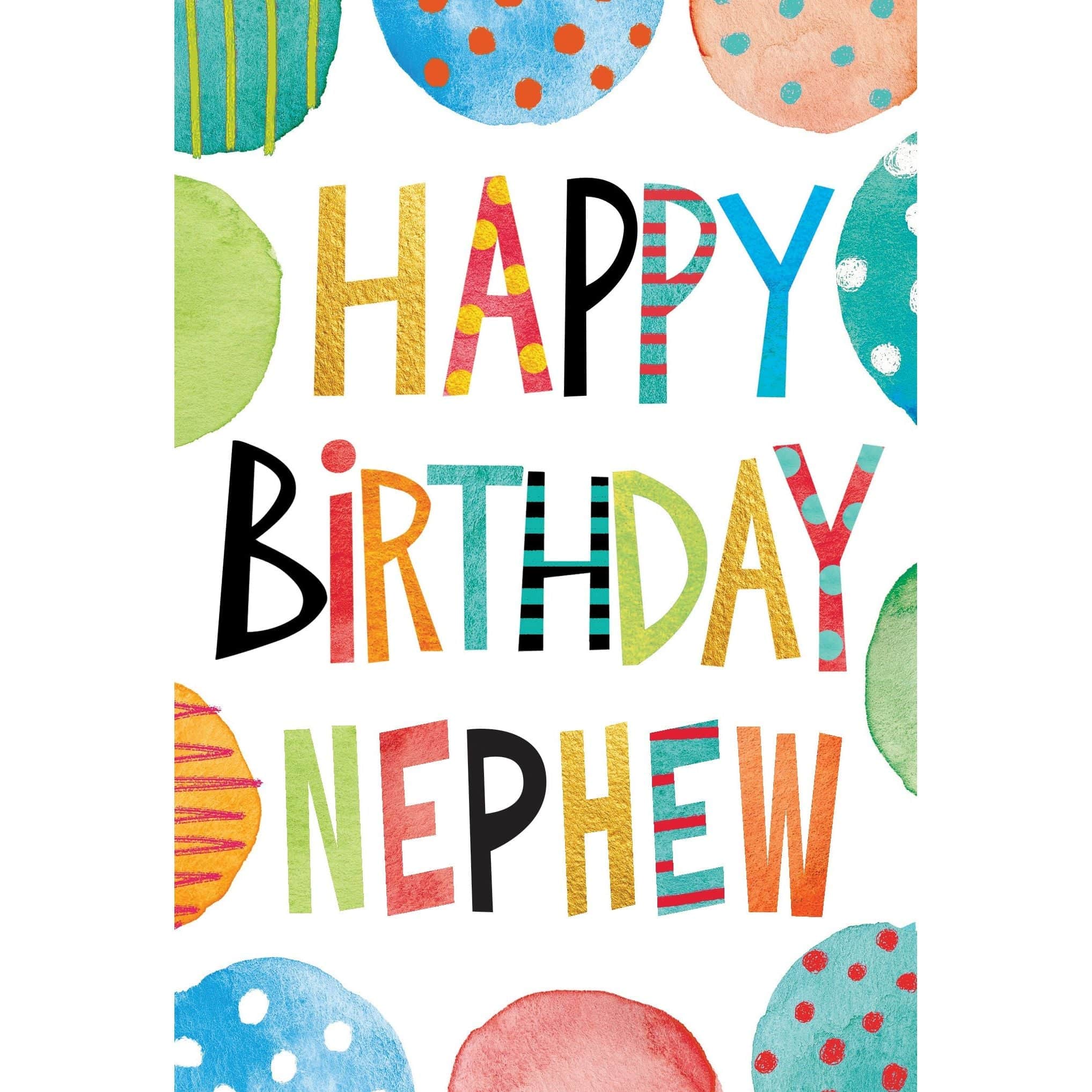 Colorful birthday card with "Happy Birthday" text and circle designs, featuring a cheerful message for a nephew from Pictura.